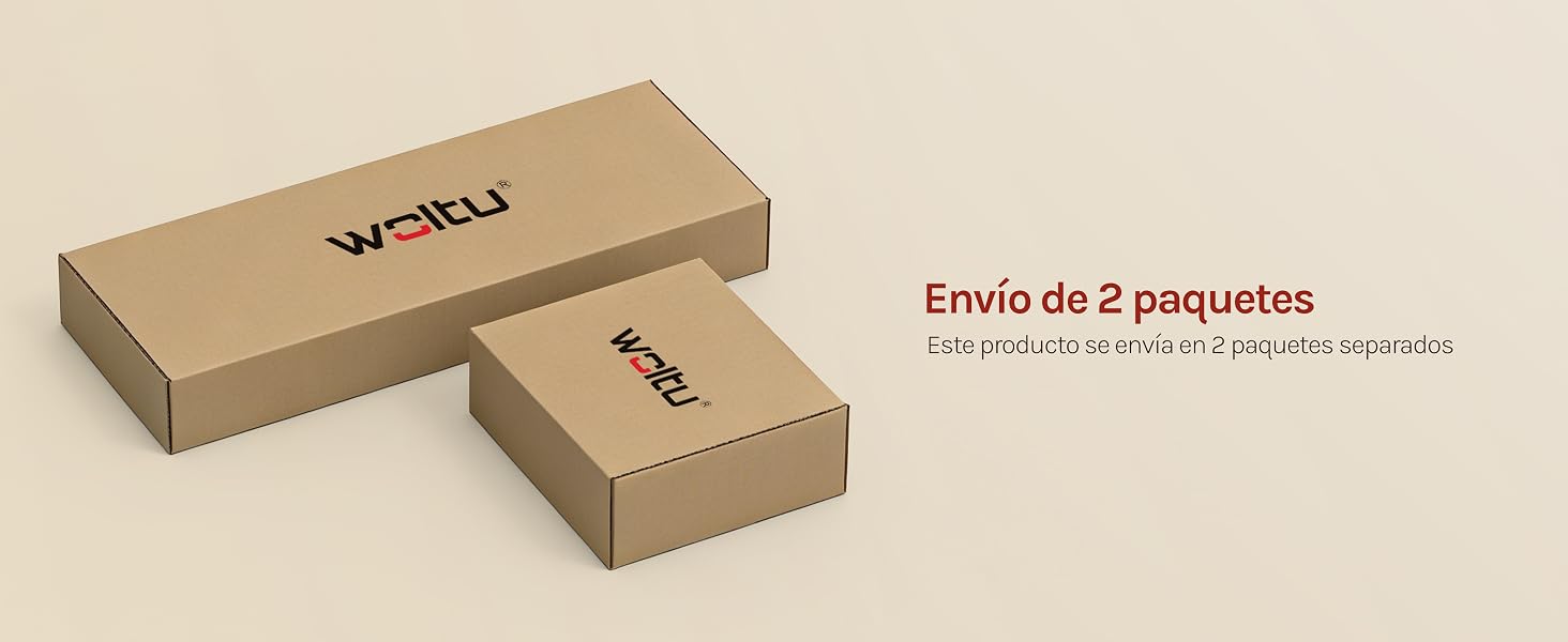 El texto dice «Envío de 2 paquetes». Serie de cajas o empaques de cartón liso mostrados desde diferentes ángulos.