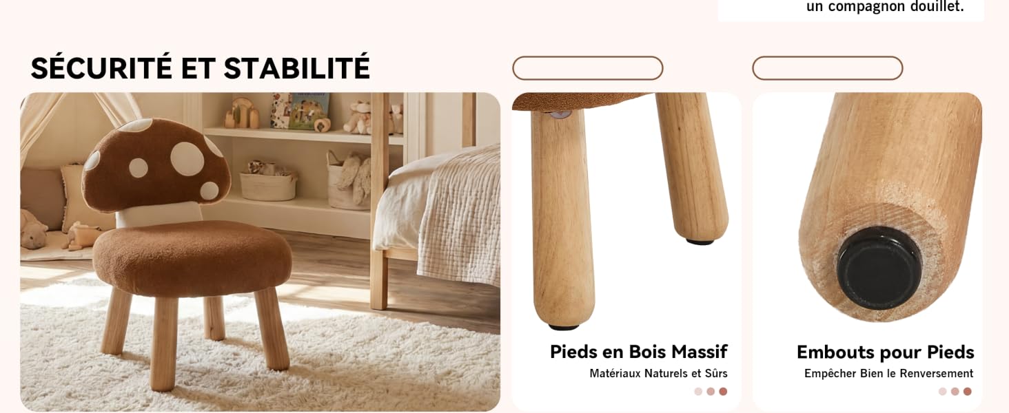 Le texte se lit comme suit : « SÉCURITÉ ET STABILITÉ ». Plusieurs images montrant des pieds de meubles en bois et le processus d'installation sur de la moquette ou des surfaces de sol.