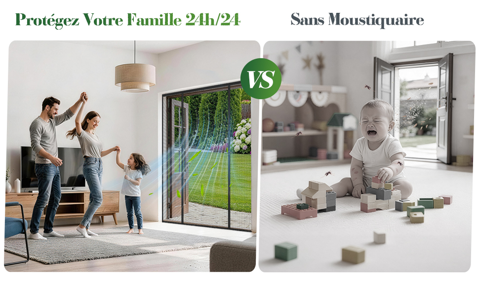 Le texte indique « Protégez votre famille 24 heures sur 24 » et « Sans Moustiquaire ». Image divisée montrant la famille à l'intérieur et l'installation d'une porte moustiquaire dans une maison moderne.