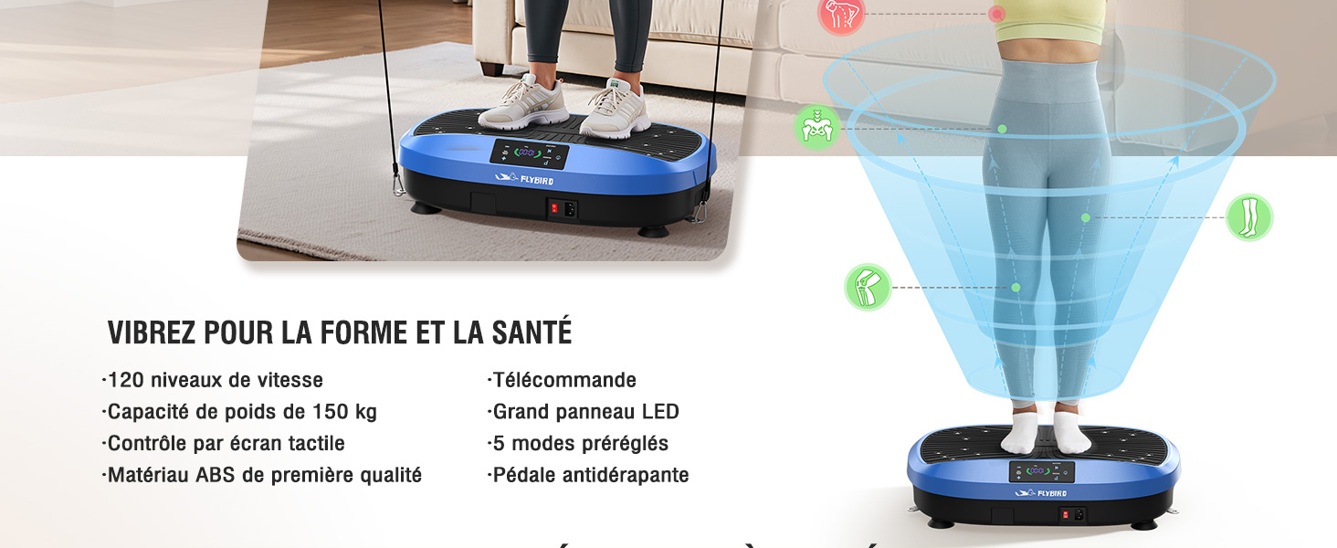 avec base circulaire bleue, surface noire et main courante. Dispose de 150 niveaux de vitesse, d'une capacité de poids de 150 kg et d'un écran LED. Personne debout sur l'appareil représenté en silhouette bleue.