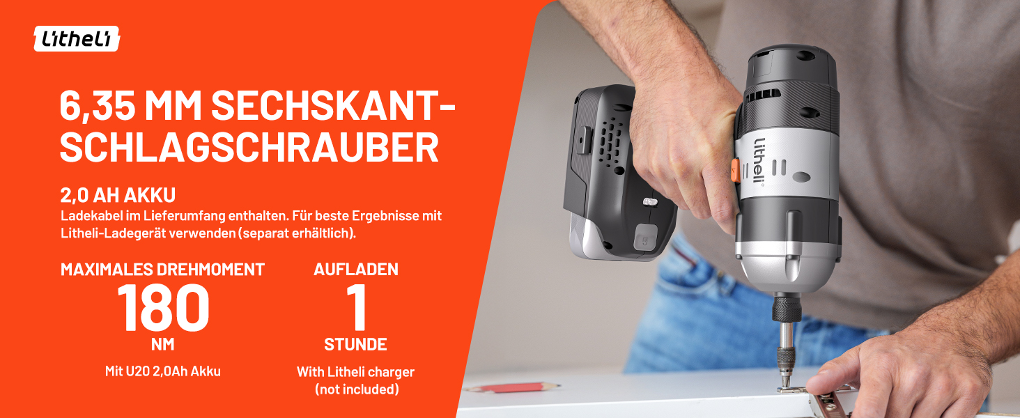 Technische Produktbilder, die ein Werkzeug oder Gerät mit den Textaufschriften „6,35 MM SECHSKANT“ und „180“ in rot-weißem Design-Layout zeigen.