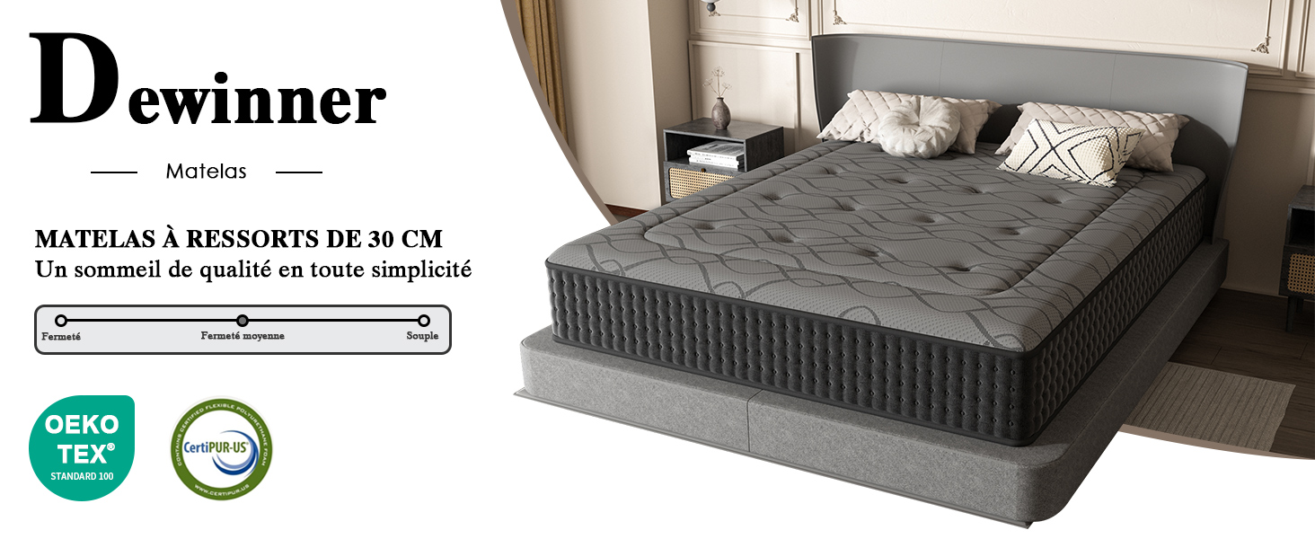 Le texte indique « Dewinner ». Matelas capitonné gris avec coupe transversale détaillée montrant la structure interne du ressort et les couches.