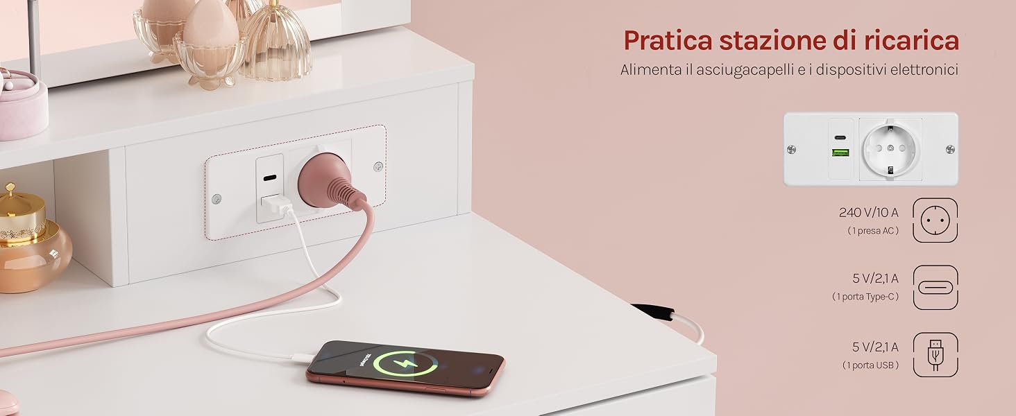 Il testo recita «Pratica stazione di ricarica» con le icone delle istruzioni di manutenzione in italiano. L'immagine mostra la configurazione della stazione di ricarica bianca con cavi, smartphone e materiale di guida per l'utente su sfondo chiaro.