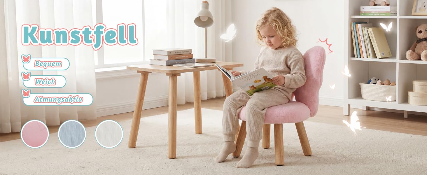 Der Text lautet: „Kunstfell“. Kinderzimmergarnitur mit Schreibtisch und Stuhl aus Holz, mit Polstermöbeln und Farbauswahlpunkten unten.