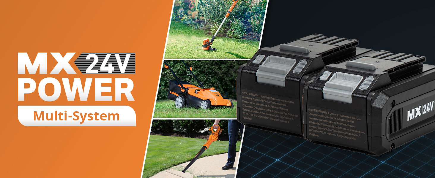 Werbung für Elektrowerkzeuge im Freien.
[SENTENCE 20] Zeigt den Rasentrimmer im Einsatz und einen großen schwarzen Akku.
[SENTENCE 21] Orangefarbenes Banner mit dem Text „MX 24V POWER Multi-System