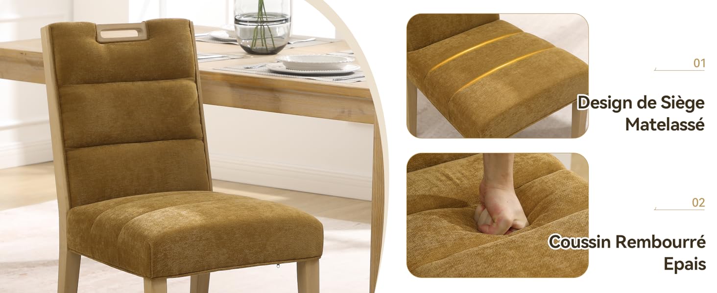 Collection d'images montrant une chaise ou un fauteuil rembourré beige/beige sous différents angles, affichant un design minimaliste moderne aux lignes épurées.