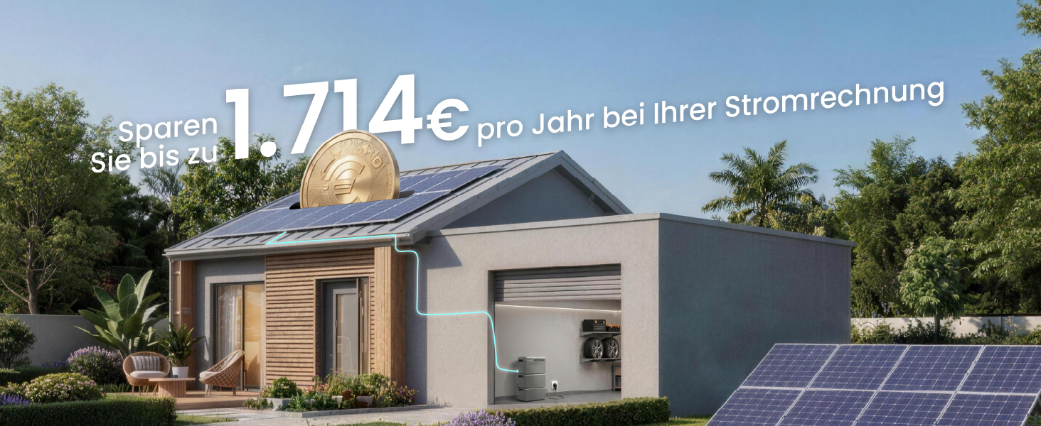 Der Text lautet „714€ pro Jahr inklusive Stromkosten“. Wohnhaus mit Sonnenkollektoren auf dem Dach und moderner architektonischer Gestaltung vor blauem Himmel.