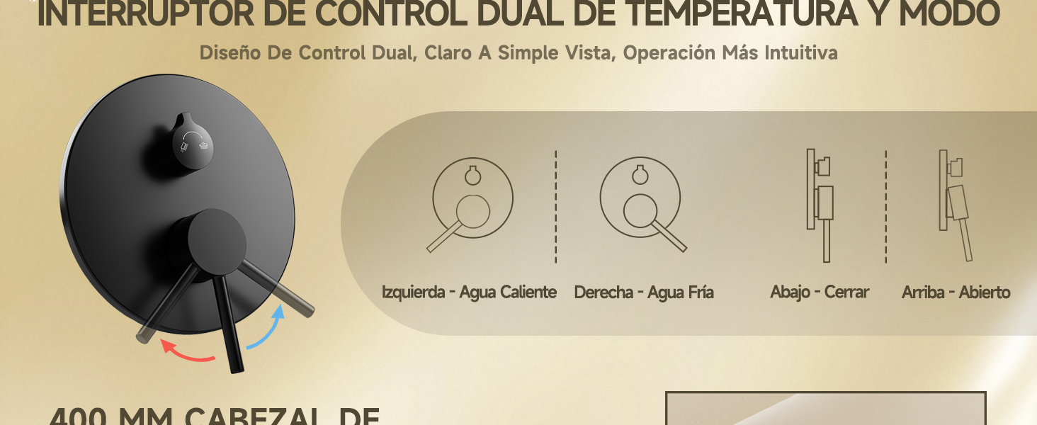 El texto dice «INTERRUPTOR DE CONTROL DUAL DE TEMPERATURA Y MODO» y «400MM CABEZAL DE». Diagrama técnico que muestra la interfaz de control de temperatura con iconos e indicadores de ajuste.