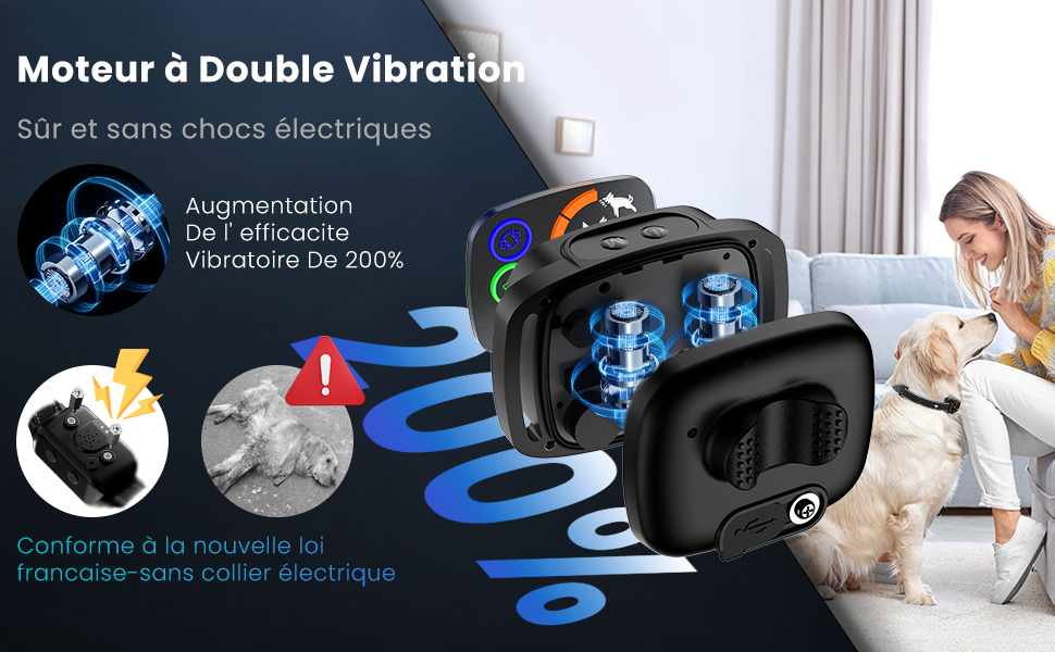 Collier Anti-aboiement Chien - 4 Modes (son, Vibration) - Sensibilité Réglable 8 Niveaux - Rechargeable, étanche IP67 - Pour Chiens Petits à Grands