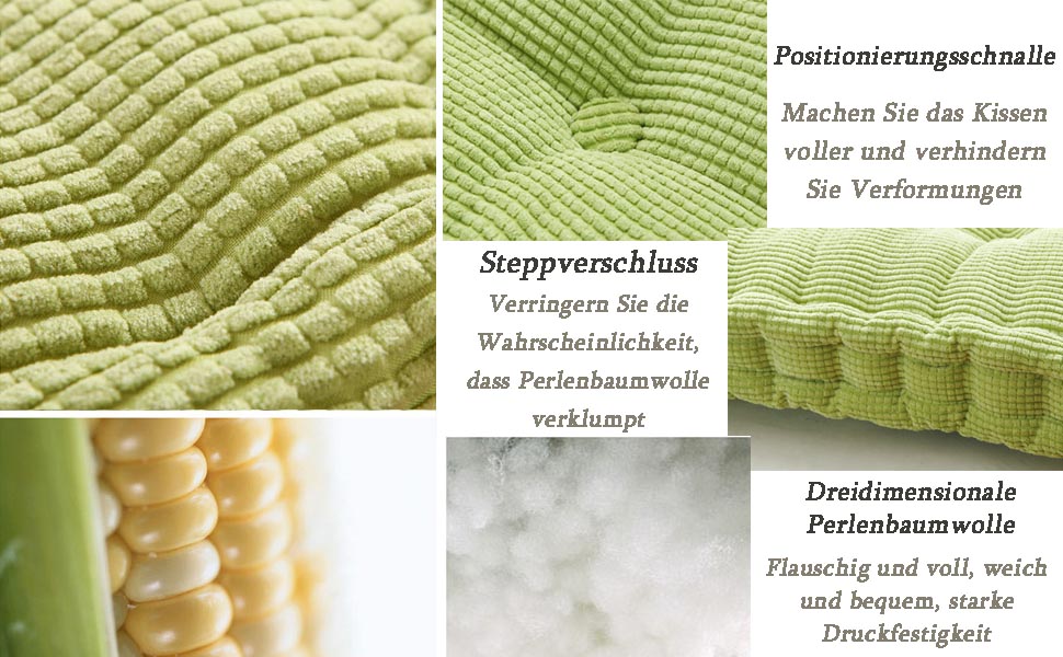 Vues rapprochées d'un tissu en velours côtelé vert avec un texte décrivant ses caractéristiques en allemand, y compris des boutons de positionnement et du coton perlé tridimensionnel