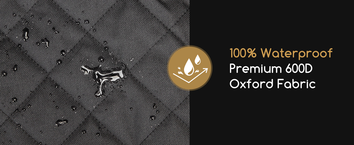 Close-up of black waterproof fabric with droplet pattern. Text indicates '100% Waterproof Premium 600D Oxford Fabric' with a water droplet icon.