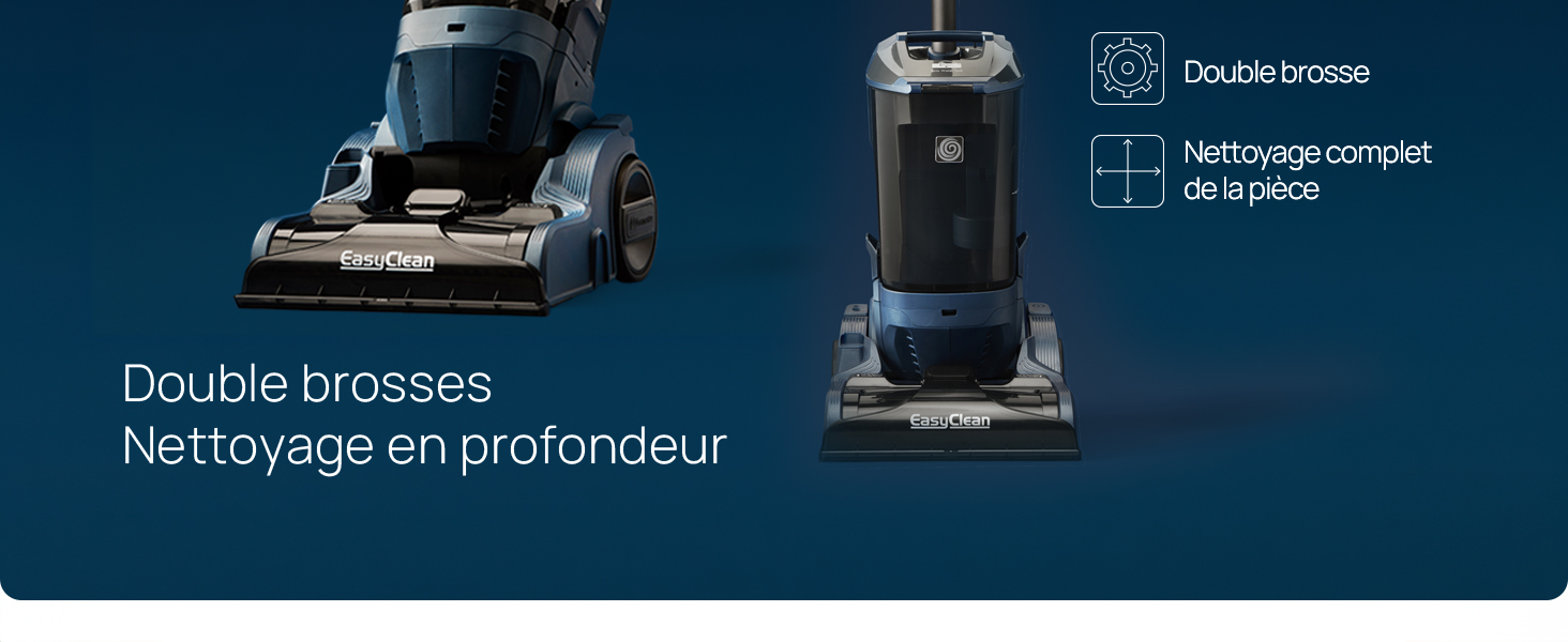 Le texte indique « Double brosses » et « Nettoyage en profondeur ». Panneaux de démonstration de produits bleu foncé présentant les caractéristiques de l'aspirateur ou de l'appareil de nettoyage.