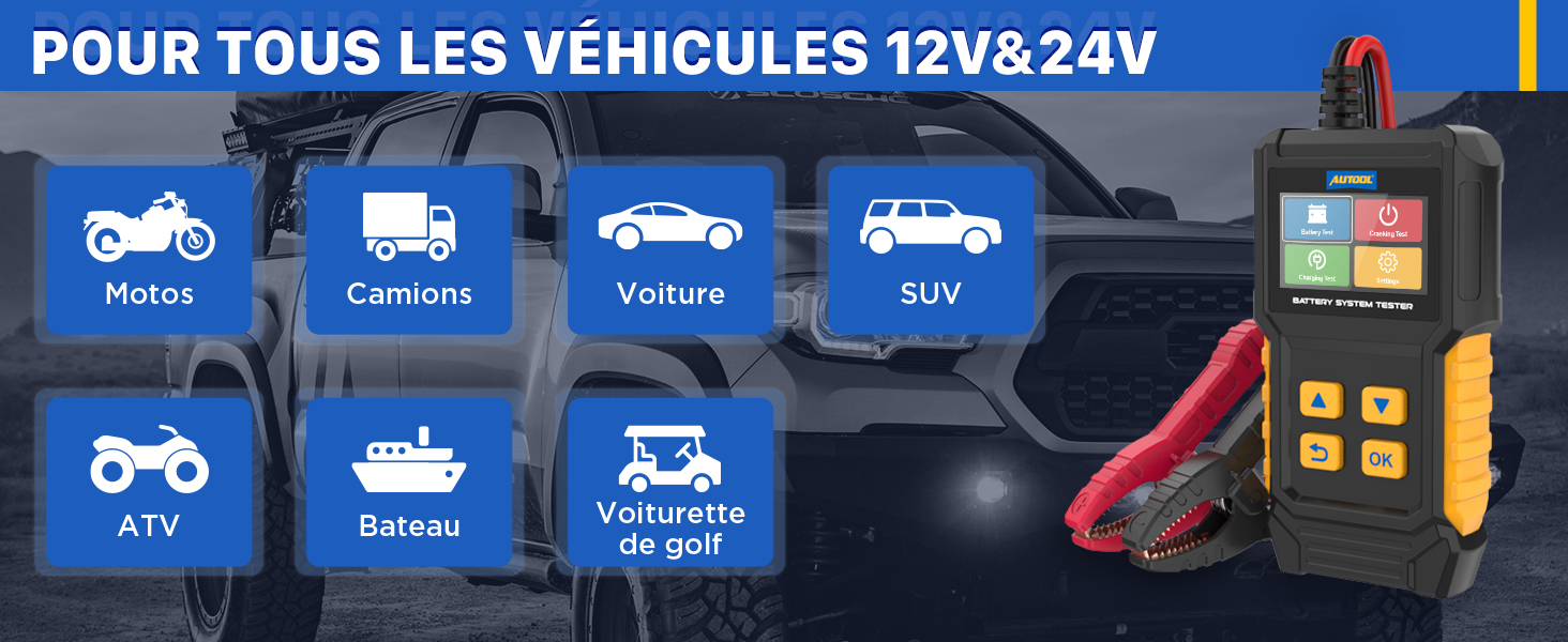 Visualización de la interfaz de diagnóstico del vehículo con iconos azules para diferentes tipos de vehículos (automóvil, camión, motocicleta, barco) con texto que indica compatibilidad 