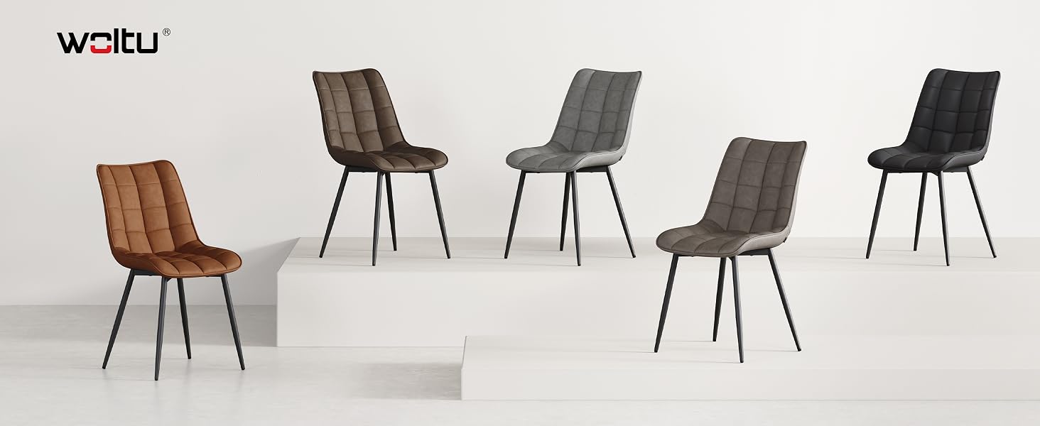 Product showcase of modern dining chairs in various colors including brown, gray, and black. Chairs feature quilted upholstery and metal legs.