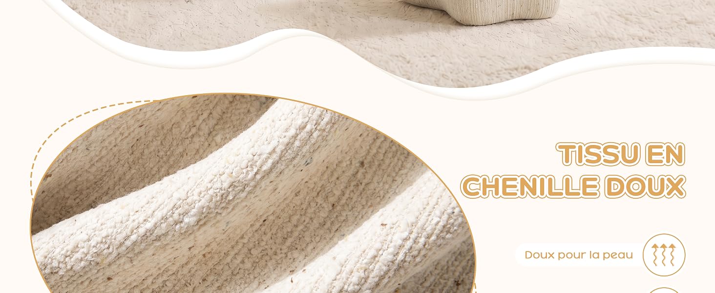 Le texte indique « TISSU EN CHENILLE DOUX ». Photographie détaillée en gros plan d'un tissu textile chenille doux montrant la texture tissée et la qualité de surface du matériau dans des tons beiges neutres.