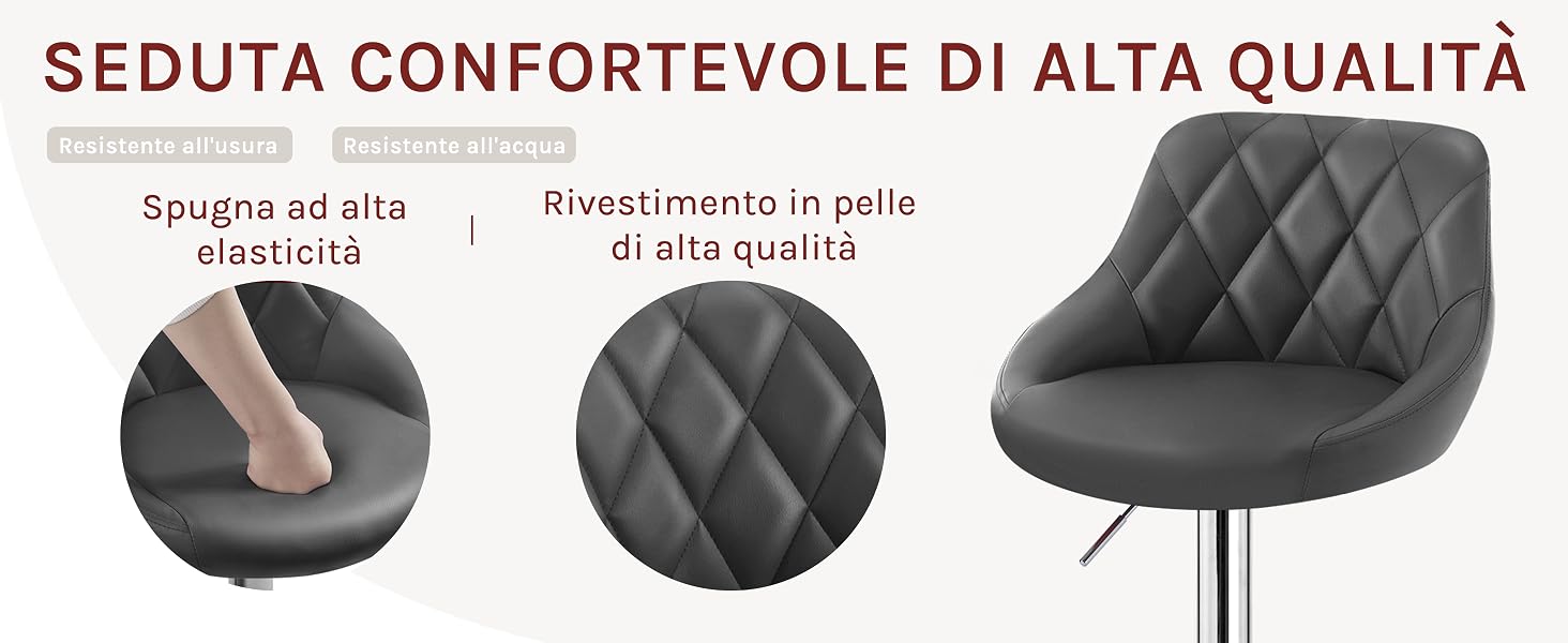 Sgabello da bar in pelle nera con seduta e schienale trapuntati a rombi.