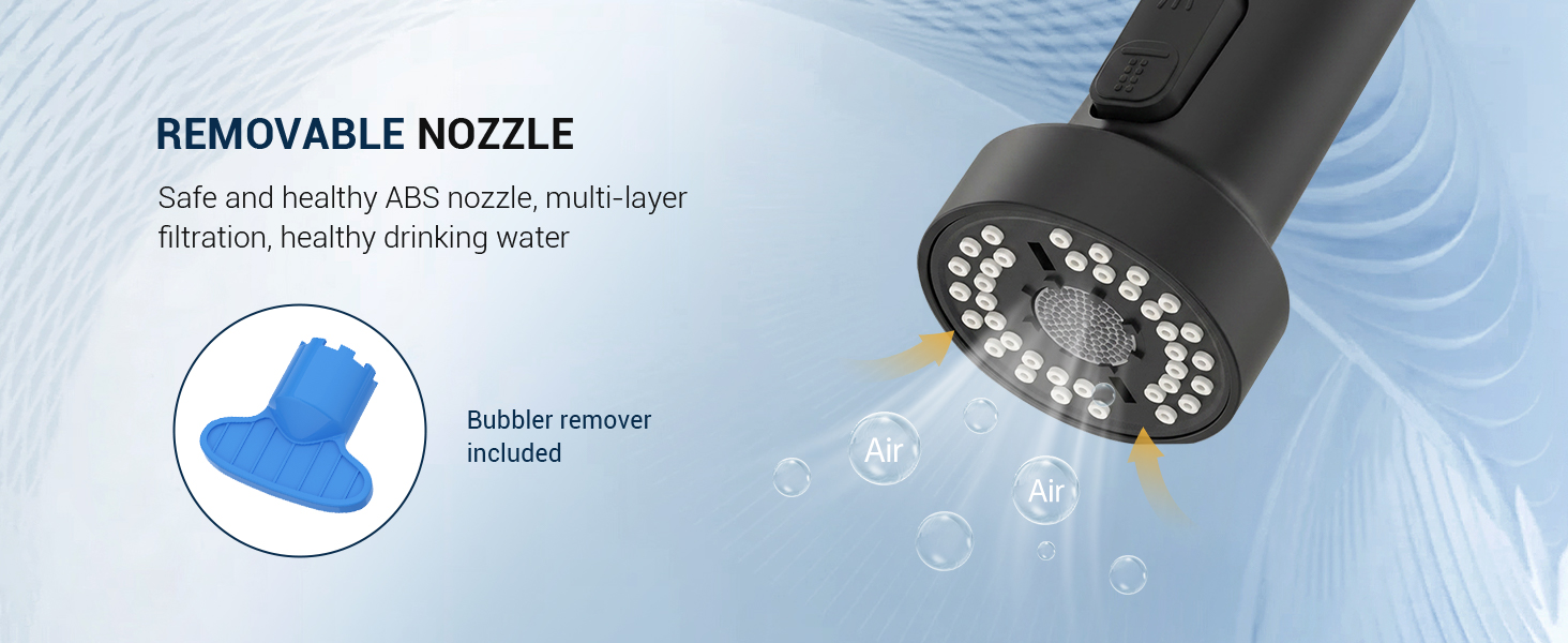 Text reads 'REMOVABLE NOZZLE' with features 'Soft touch handle with anti-slip design' and 'Modern, heavy-duty strong water'. Shower head with removable nozzle shown against blue water background, highlighting replacement head compatibility.