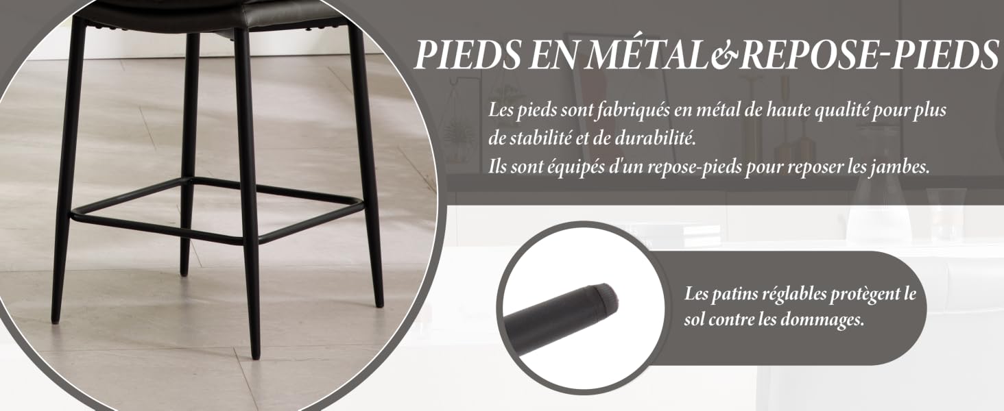 avec pieds et repose-pieds en métal noir. Le gros plan montre des pieds en plastique réglables pour éviter d'endommager le sol. Le texte français décrit les caractéristiques des pieds et des repose-pieds en métal