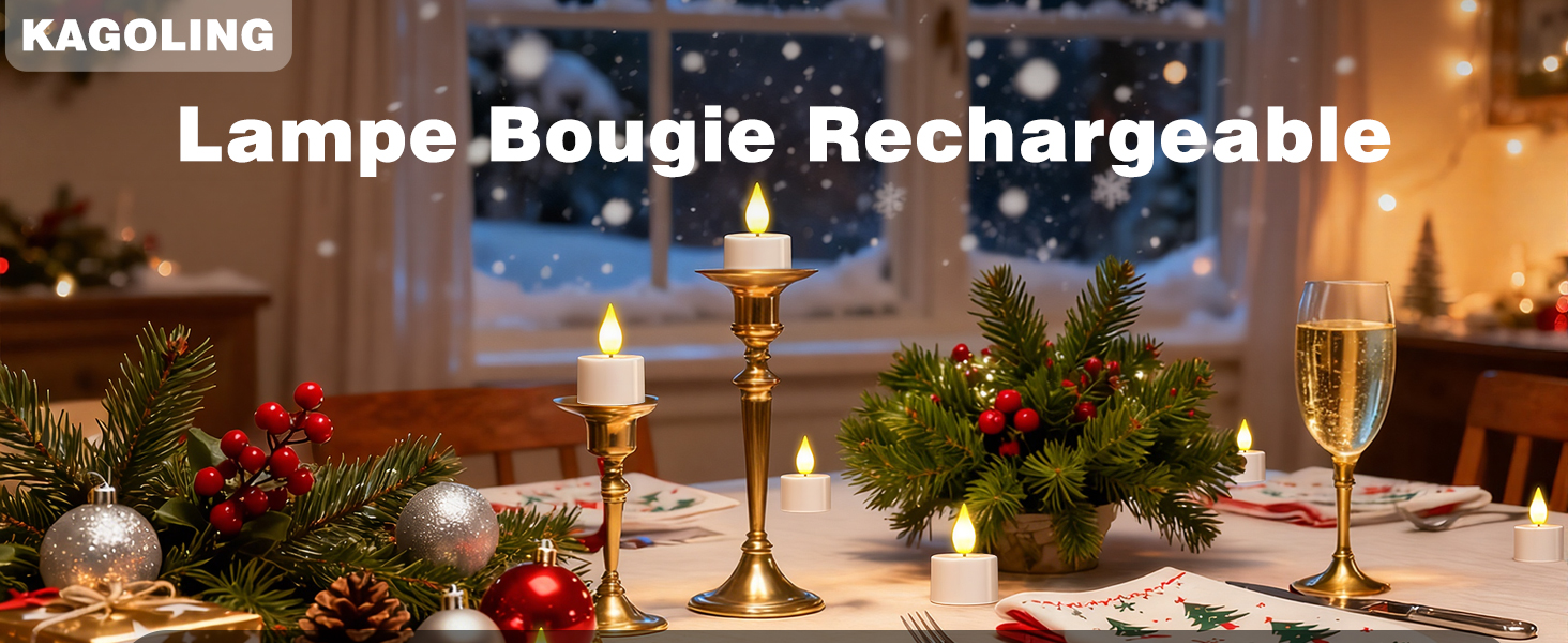 Le texte indique « KAGOLINC » et « Lampe Bougie Rechargeable ». Lampe à bougie rechargeable avec une lumière dorée chaude affichée sur une table à manger avec de la verdure et des couverts dans un cadre élégant.