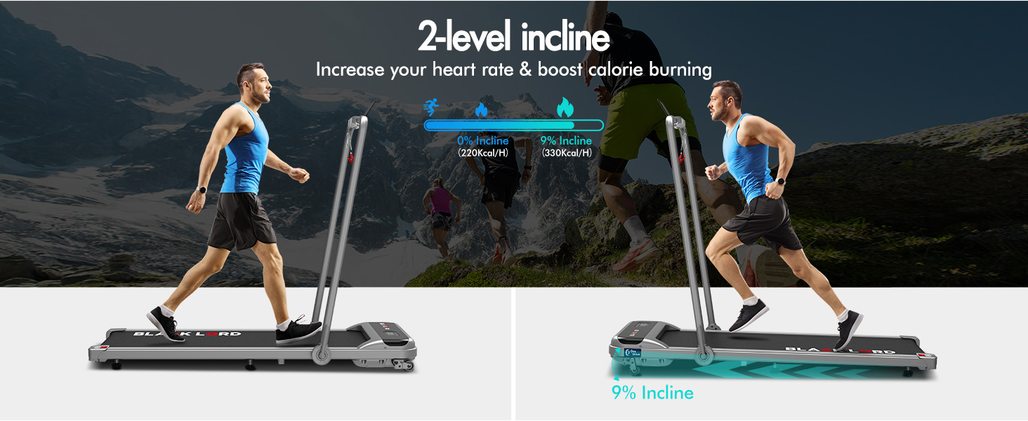 Text reads '2-level Incline'. Series of images demonstrating exercise equipment with adjustable incline settings, shown in outdoor settings.