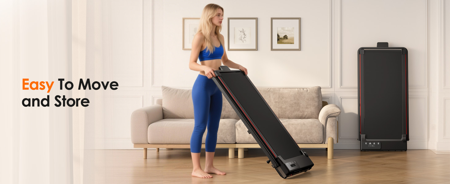 Le texte se lit comme suit : « Facile à déplacer et à ranger ». Équipement d'exercice pliable présenté à la maison avec une décoration murale neutre.