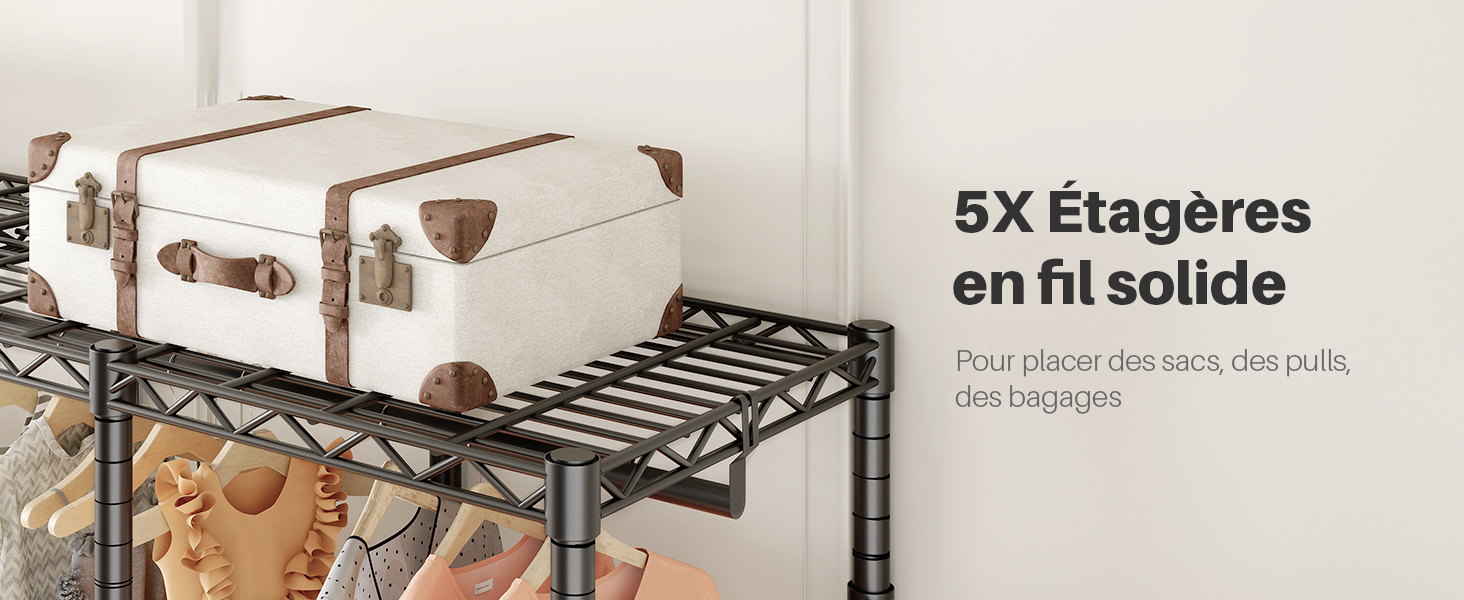 Le texte indique « 5X étages ». Étagères de rangement murales en métal à quatre étagères présentées dans diverses installations contenant des outils, des équipements sportifs et des articles de rangement.