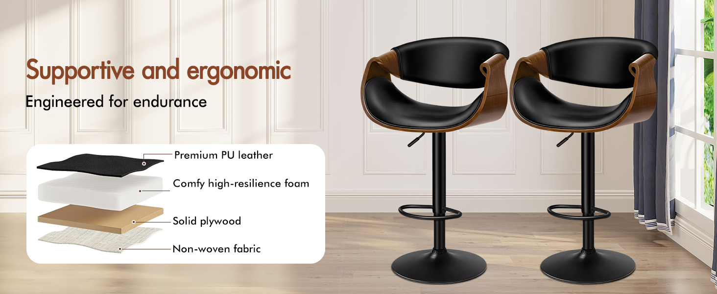 Text reads 'Supportive and ergonomic, Engineered for endurance'. Multiple views of black gaming chairs with product specification diagrams showing construction details.