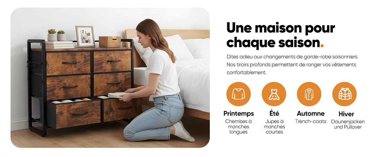 Le texte se lit comme suit : « Une maison pour chaque saison ». Infographie montrant des icônes d'entretien ménager saisonnier avec des périodes étiquetées P-E-A-H.