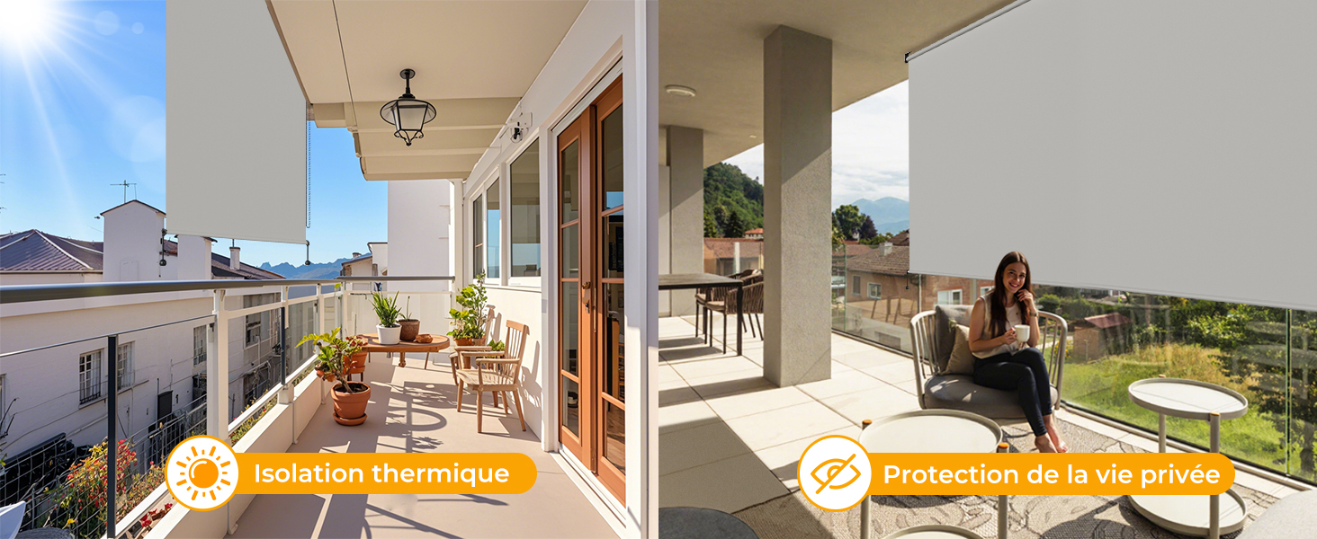Image divisée d'espaces de balcon ensoleillés. Le côté gauche montre une table et des chaises en bois sur une terrasse couverte, le côté droit montre un coin salon confortable avec des coussins d'extérieur.