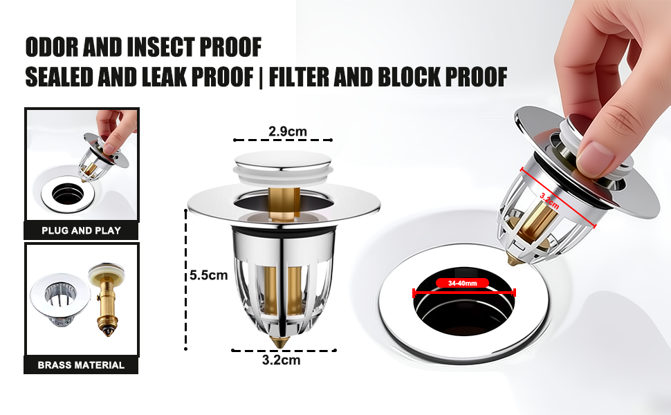 Text reads 'ODOR AND INSECT PROOF SEALED AND LEAK PROOF FILTER AND BLOCK PROOF'. Technical diagram of drain filter system with measurements and installation instructions.