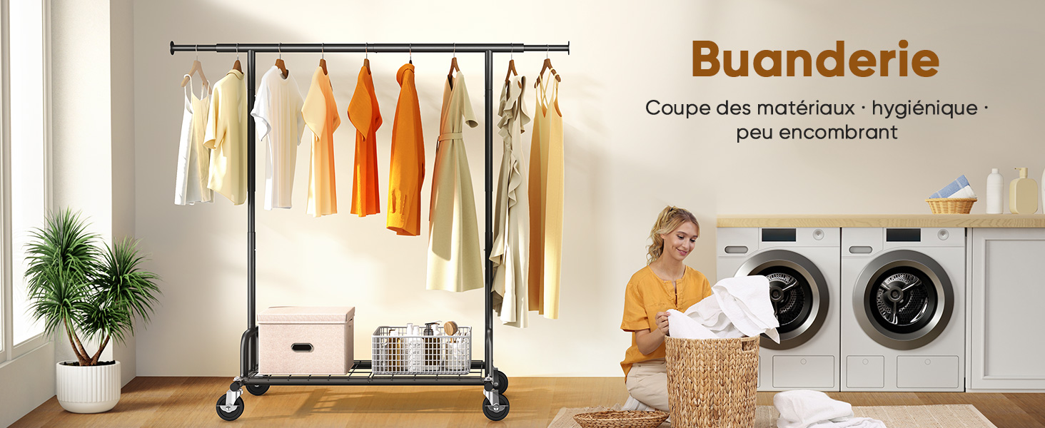 Le texte se lit comme suit : « Buanderie Cousin des matériaux - hygiénique - pas encombrant ». Intérieur de la buanderie avec porte-vêtements, machines à laver modernes et solutions de rangement.