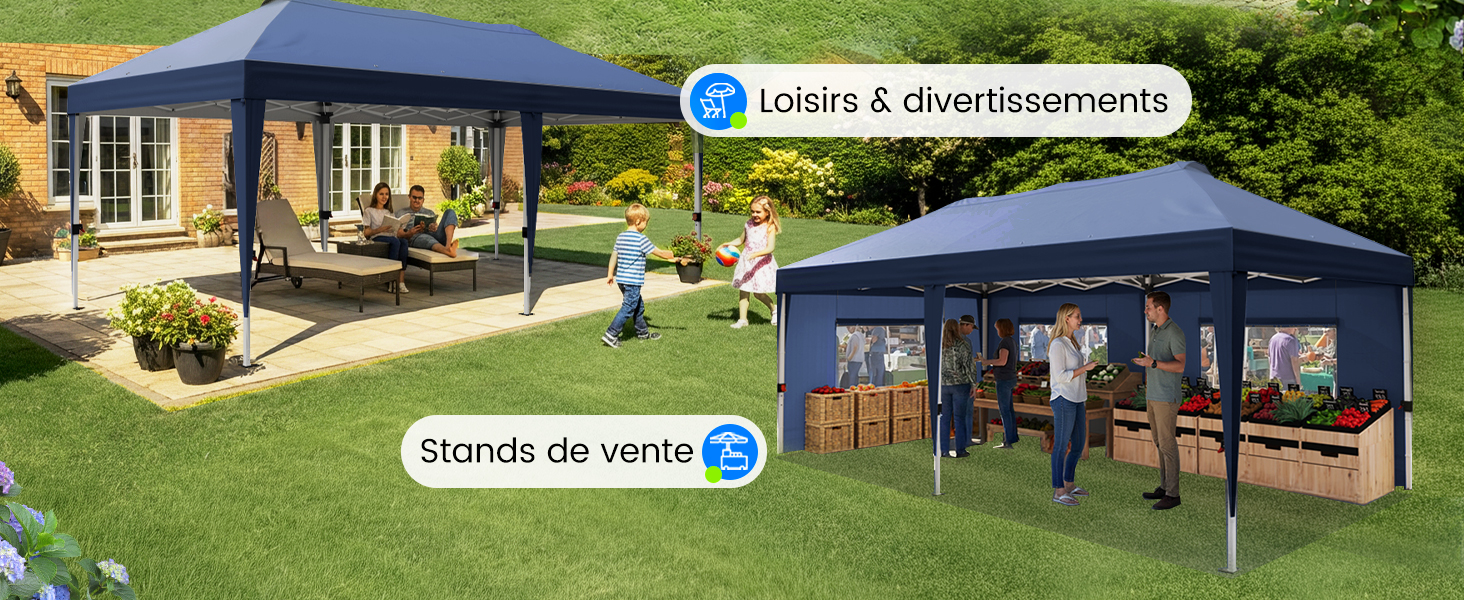 Le texte indique « Limite 2 divertissements » et « Sports de ventes ». Série de structures de belvédères extérieures présentées dans des jardins avec des toits à baldaquin bleu.