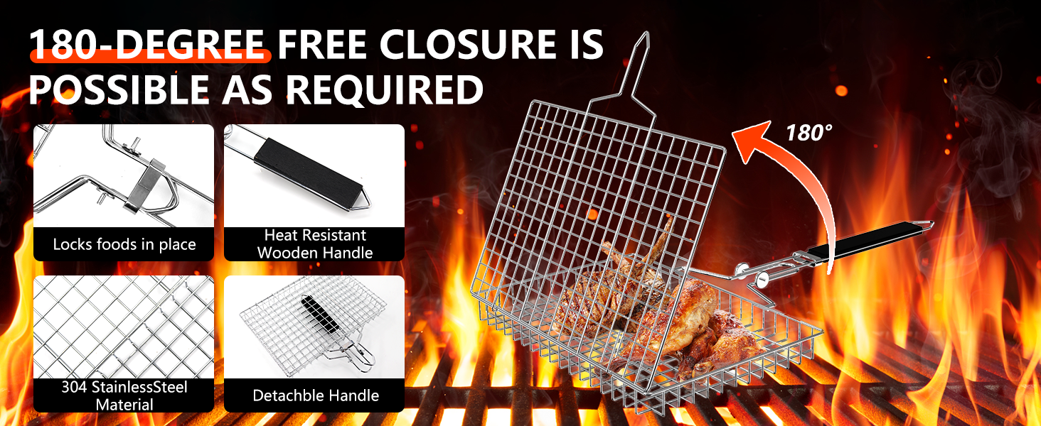 Grill accessory showcasing 180-degree free closure. Images demonstrate folding mechanism and use over a fiery grill, with close-ups of locking clasps and mesh surface.