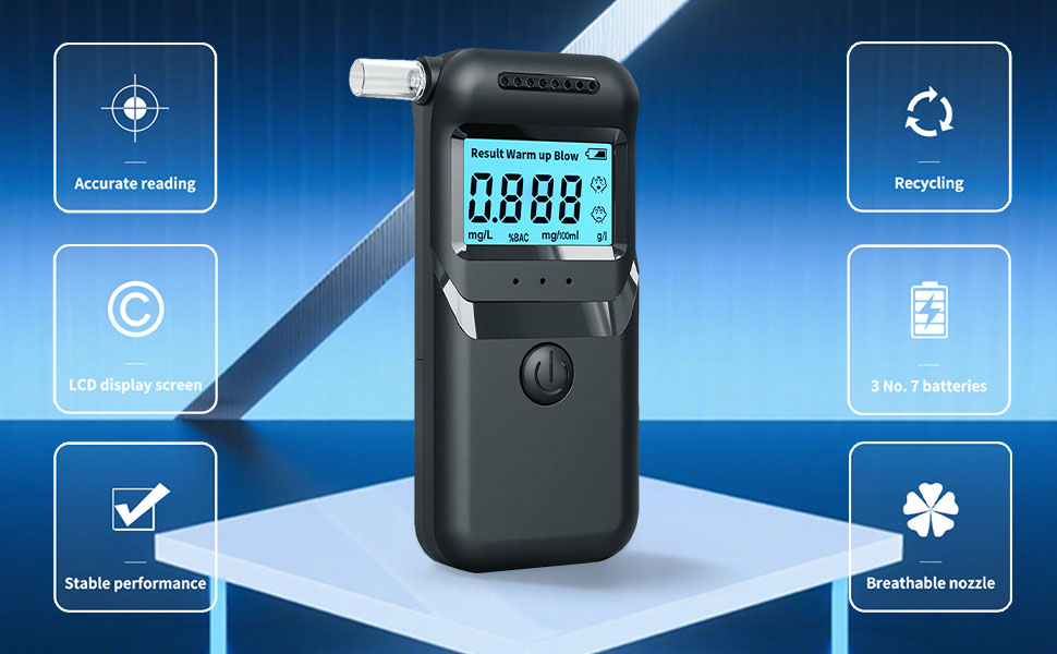 Digital breathalyzer device with LCD display shown with surrounding interface icons indicating various functions on blue gradient background.