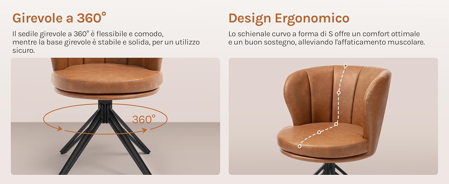 Il testo recita «Girevole a 360°» e «Design Ergonomico». Presenta una sedia imbottita marrone con schienale canalizzato su base girevole in metallo.