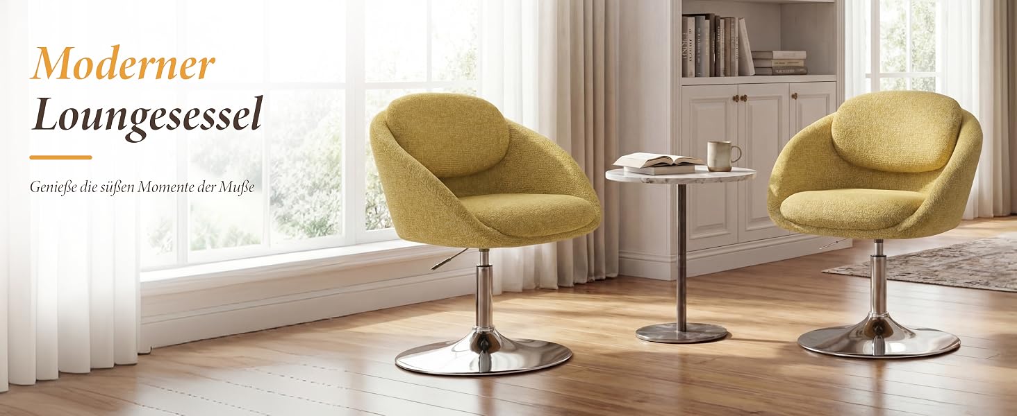 Der Text lautet „Moderner Loungesessel“. Moderner Sessel in senfgelber Farbe, präsentiert in einer hellen, minimalistischen Inneneinrichtung.