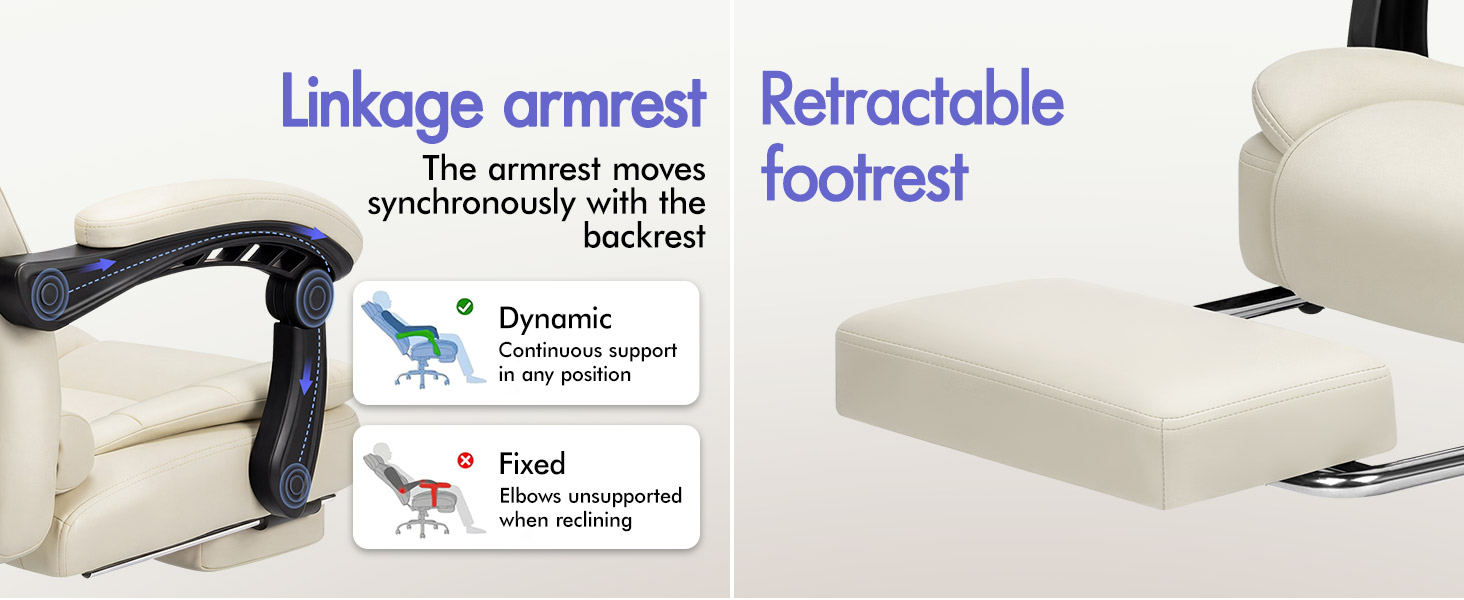 Text reads "Linkage armrest" "Retractable footrest" with diagram showing linkage mechanism. Cream-colored mobility chair seat with retractable footrest and armrest details illustrated.