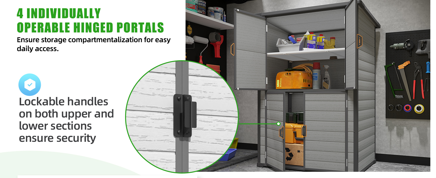 Text reads '4 INDIVIDUALLY OPERABLE HINGED PORTALS' and 'Ensure storage compartmentalization for easy daily access.' Storage unit with multiple compartments and lockable handles shown in various angles.