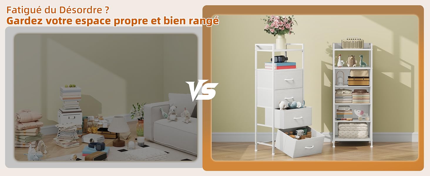 Le texte dit « Espacio al Desorden ? » , « El orden vale espacio y propre el bien ranço ». Image divisée montrant un espace de rangement encombré par rapport à une étagère blanche organisée avec des compartiments et des boîtes de rangement à des fins de comparaison de l'organisation.