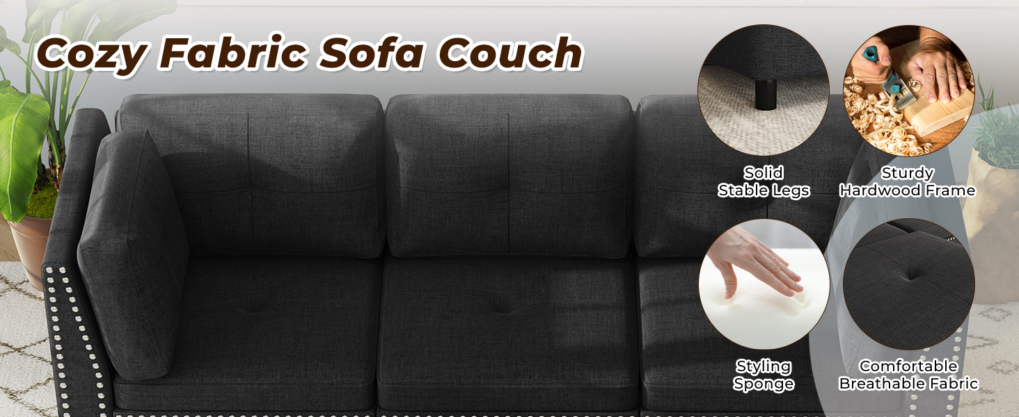 Text reads 'Cozy Fabric Sofa Couch'. Product images showing a dark gray or black upholstered sofa with tufted details and decorative nailhead trim.