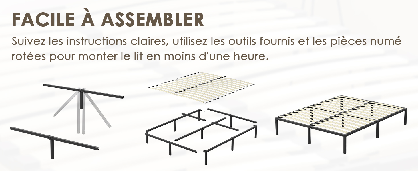Le texte indique « FACILE À ASSEMBLER » avec des instructions de montage en français. Schéma en trois étapes illustrant le processus d'assemblage du cadre de lit : structure initiale, ajout de rails de support et plate-forme terminée.