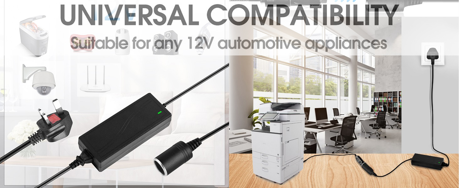 Universal 12V power adapter with various plugs and connectors, shown alongside appliances in an office setting.
