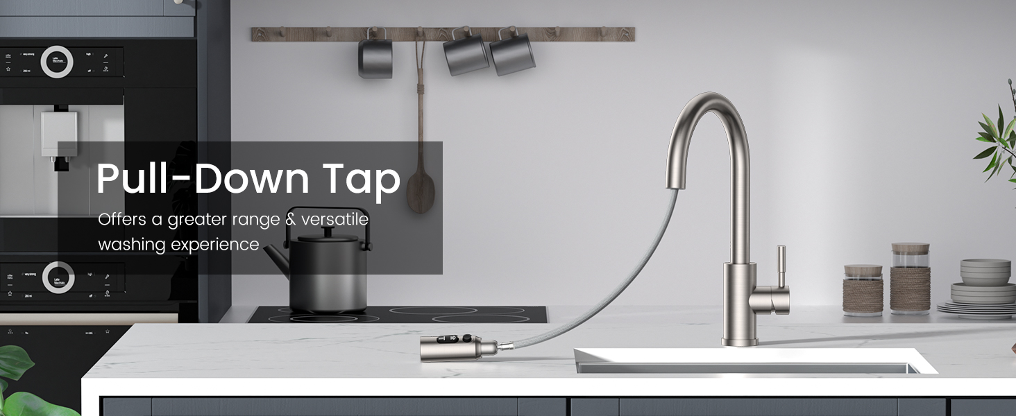 Modern pull-down kitchen faucet with high-arch gooseneck spout in brushed nickel finish, installed on white countertop against gray wall.