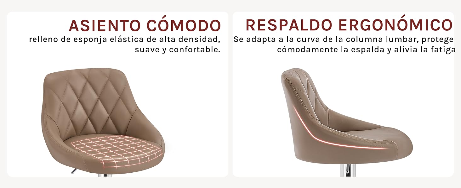 con tapicería acolchada en color beige. El panel izquierdo muestra un cómodo asiento con estampado de rombos. El panel derecho muestra un respaldo curvo para brindar soporte lumbar