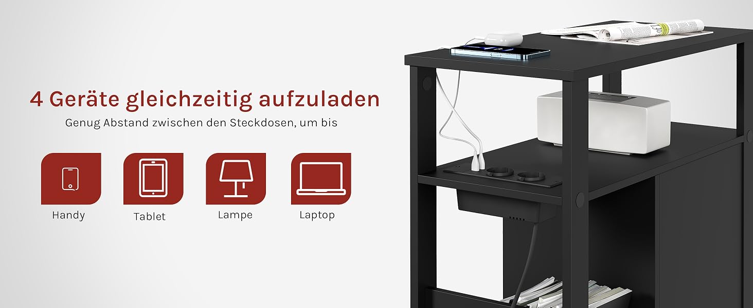 Schwarze Ladestation mit mehreren Regalen, die 4 Geräte gleichzeitig aufladen kann. Die Symbole zeigen die Kompatibilität mit Telefonen, Tablets, Laptops und Monitoren an.