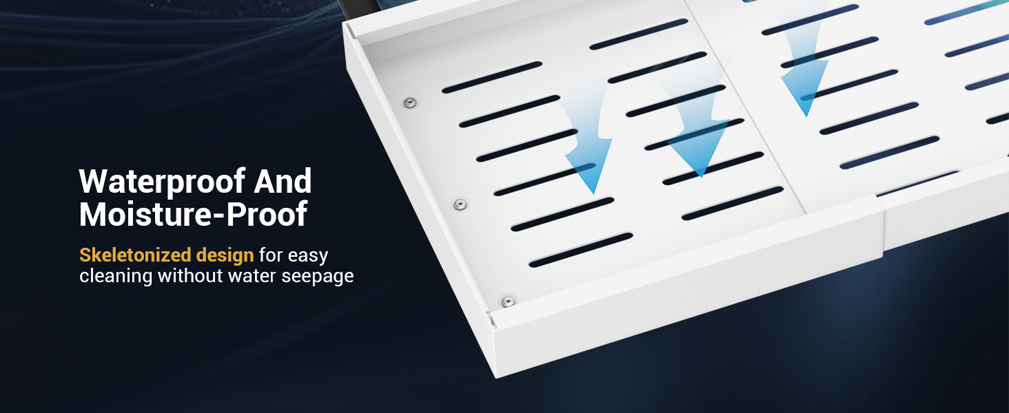 White waterproof panel with parallel horizontal slots and blue highlights, designed for moisture resistance.