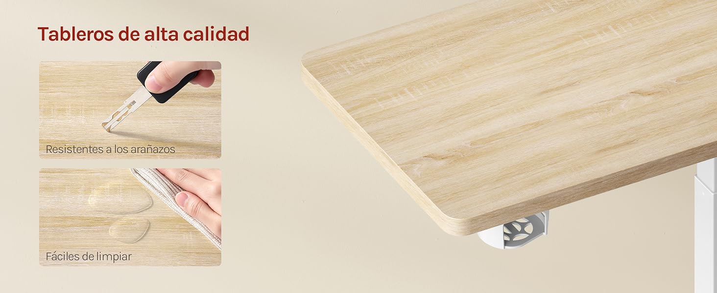 El texto dice «Tableros de alta calidad». Compuesto que muestra una mesa de madera con detalles de cierre de metal y pequeñas imágenes insertadas de la textura de las vetas de la madera y los componentes de construcción.