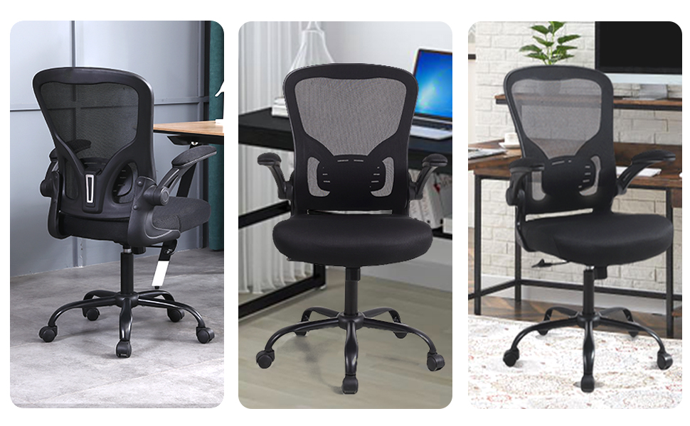 Black mesh office chair shown from three angles, featuring adjustable armrests, lumbar support, and wheeled base. Ergonomic design with breathable mesh backrest.
