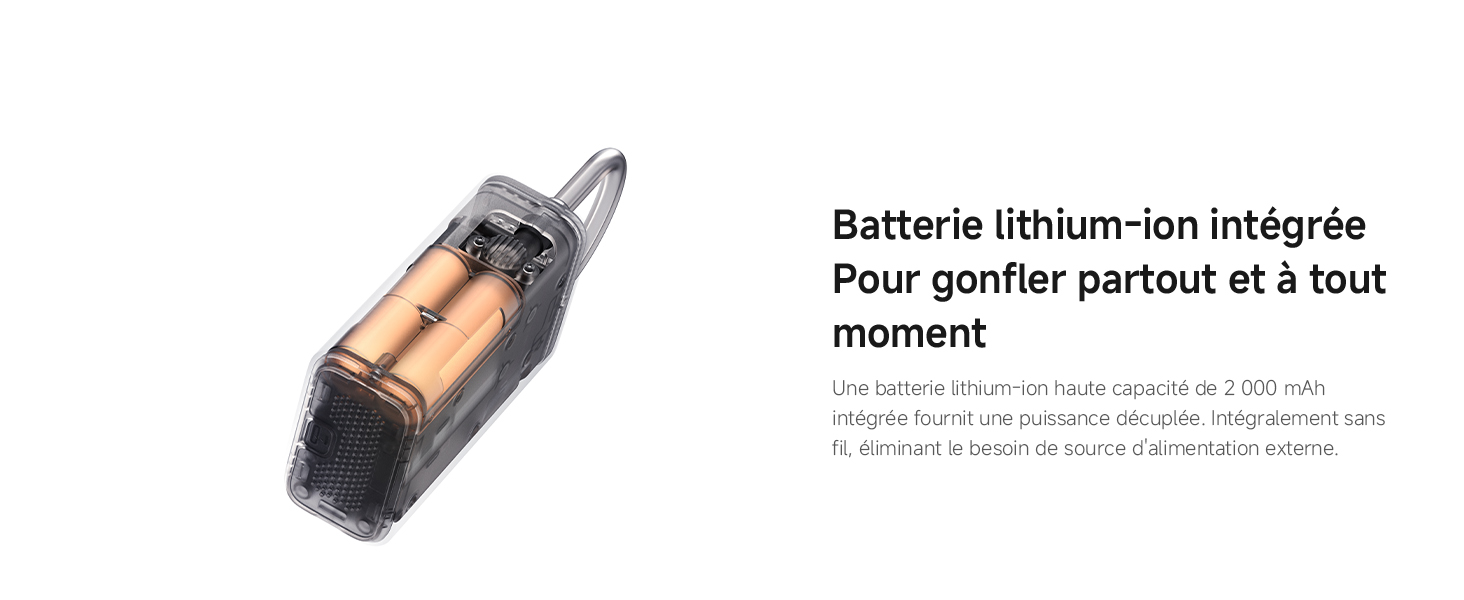 Le texte indique « Batterie lithium-ion intégrée ». Rasoir électrique ou appareil de toilettage représenté en gris avec divers accessoires et pièces.