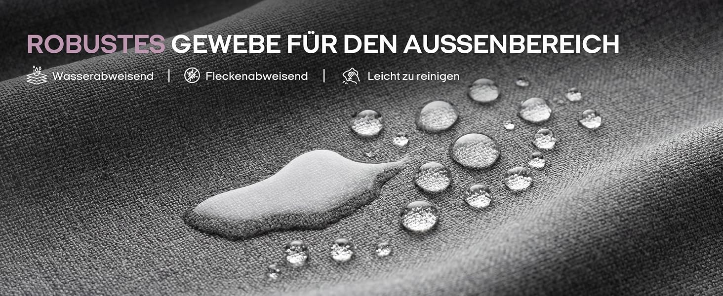 Text lautet „ROBUST &amp; GEWEBE FÜR DEN AUSSENBEREICH“ (Robust &amp; Gewebe für den Außenbereich). Das Schwarzweiß-Produktbild zeigt ein weißes Stoffmuster mit Wassertröpfchen, die auf der Oberfläche abperlen und wasserabweisende Eigenschaften aufweisen.